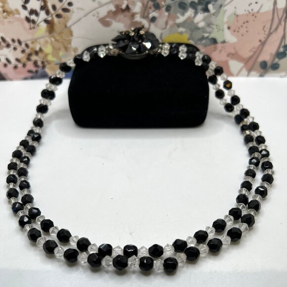 Double Strand Jet and Clear Glass Vintage Necklace - Picture 1 of 5